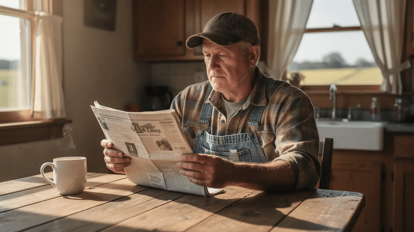 be58780f-f36c-4050-b89a-514840cc3c99 - Ranch Style Homes USA A farmer sits at a wooden kitchen table, reading a folded newspaper filled with news and information relevant to the farm and ranch community, while enjoying a cup of coffee. The warm setting reflects a moment of family time and connection to agricultural history.