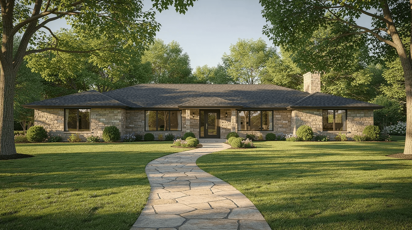 c5ae4395-39ae-43bc-aeb1-62be7e64131a - Ranch Style Homes USA A wide stone ranch style home with a low-pitched roof features a charming stone exterior and large windows, set against a lush green lawn with mature trees. A stone walkway leads to the front door, enhancing the home's curb appeal and rustic charm.