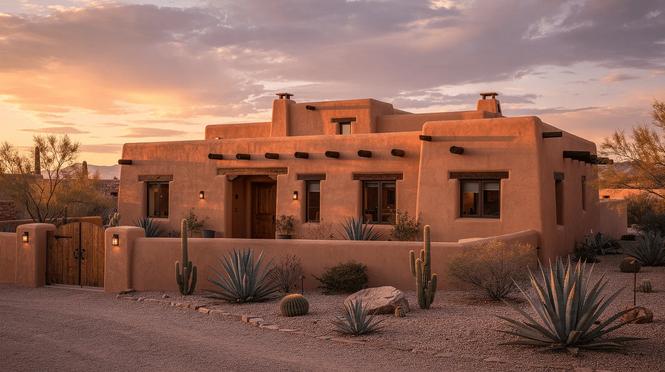 cacbd47c-7ce1-4b0c-9183-455f604afe86 - Ranch Style Homes USA The image showcases a traditional Pueblo Revival style home, characterized by its adobe walls, flat roofs, and warm earthy tones, set against a backdrop of a desert landscape. This architectural design reflects the rich history and cultural heritage of the American Southwest, blending seamlessly with the surrounding nature.