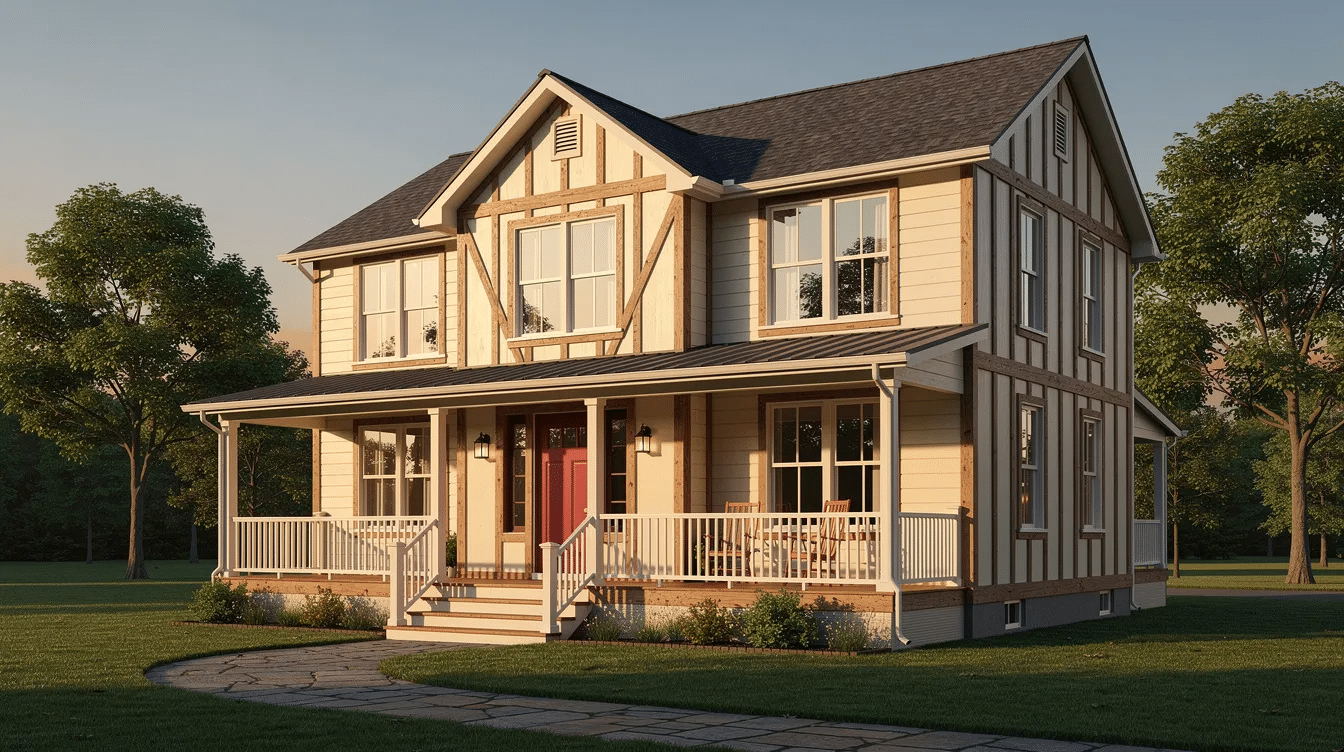 e5fbc880-c5d2-42b4-a9c2-8720ee1d1b76 - Ranch Style Homes USA The image depicts a charming frame house with a steep roof and large windows that allow natural light to flood the interior. This timber frame home features a unique shape, showcasing its energy-efficient design and open floor plans, making it an ideal living space for a vacation home or a cozy retreat.
