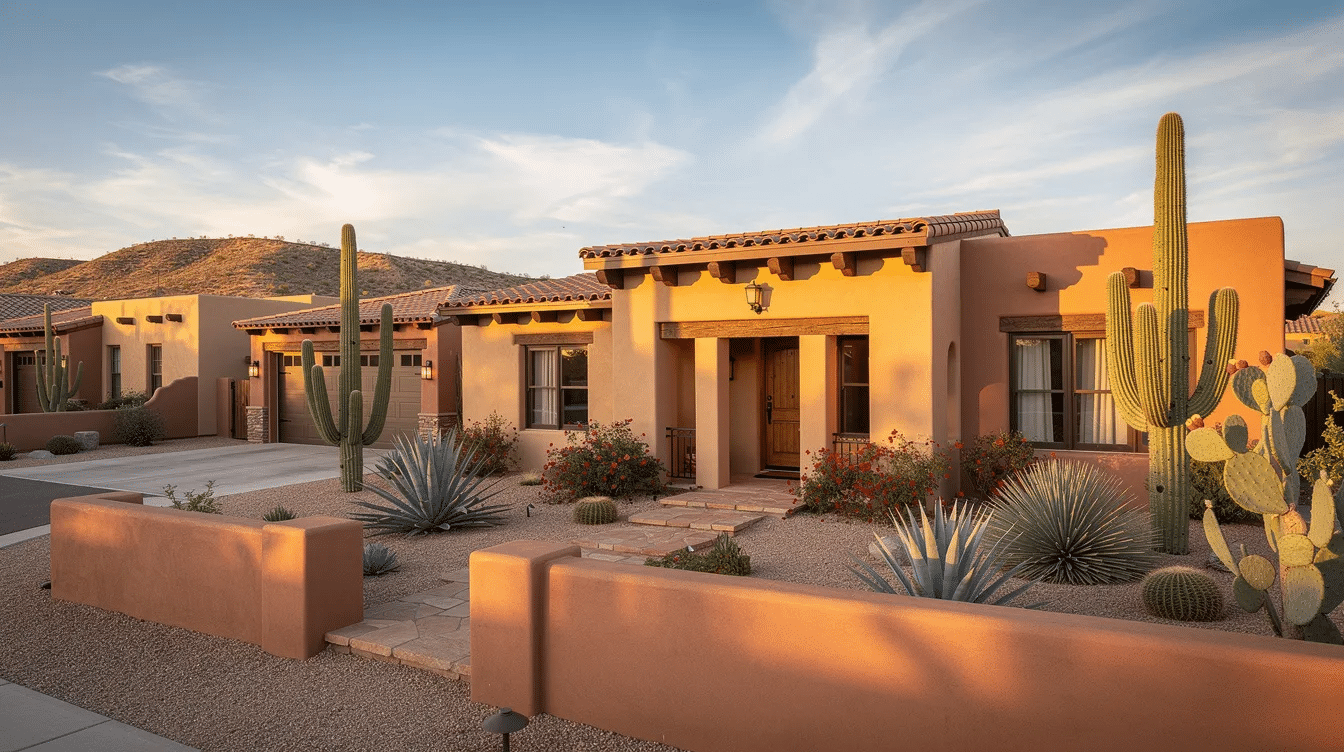 efa2b674-ebc0-4c0c-a760-3b52ba0ce687 - Ranch Style Homes USA The image features several southwestern style houses characterized by their adobe exteriors, flat roofs, and warm earth-toned colors, set against a desert landscape. These homes reflect a rich history and cultural heritage of the American Southwest, showcasing traditional pueblo style elements and unique architectural designs.