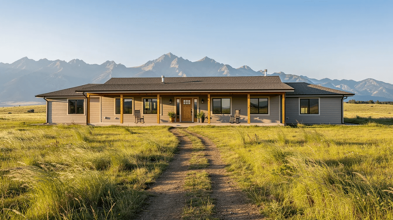 fcdd246d-a7c0-484a-b4a0-49a57d2644e0 - Ranch Style Homes USA A wide single-story ranch house with a covered porch sits amidst open grassland, framed by distant mountains, embodying the traditional western style. This log home pays homage to the architecture of the wild west, offering a serene family retreat in the heart of nature.