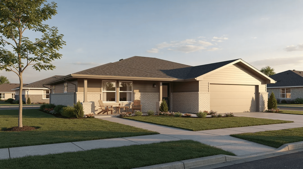 Single-story suburban house with a two-car garage, brick and siding exterior, and a front porch with wooden chairs and a small table amid landscaping and a tree-lined lawn.