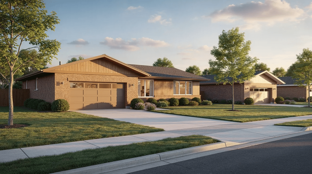 Brick ranch-style home with a two-car garage on a sunny suburban street; well-kept lawn and trees.