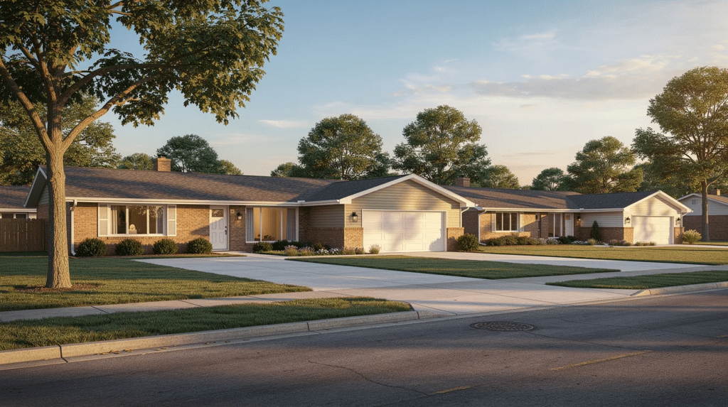 Row of single-story brick ranch homes with two-car garages along a quiet suburban street at sunset, manicured lawns and trees framing the scene.